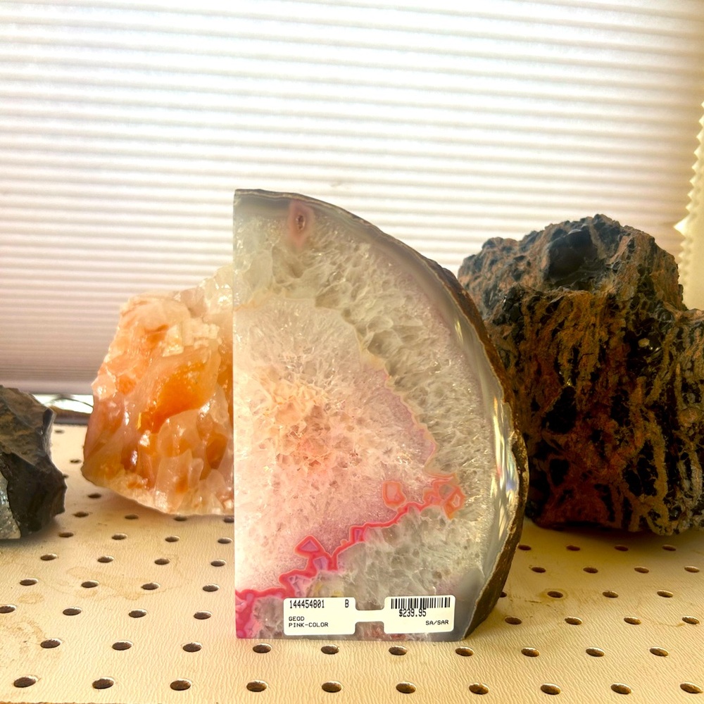 Agate pink geode polished stone crystal
